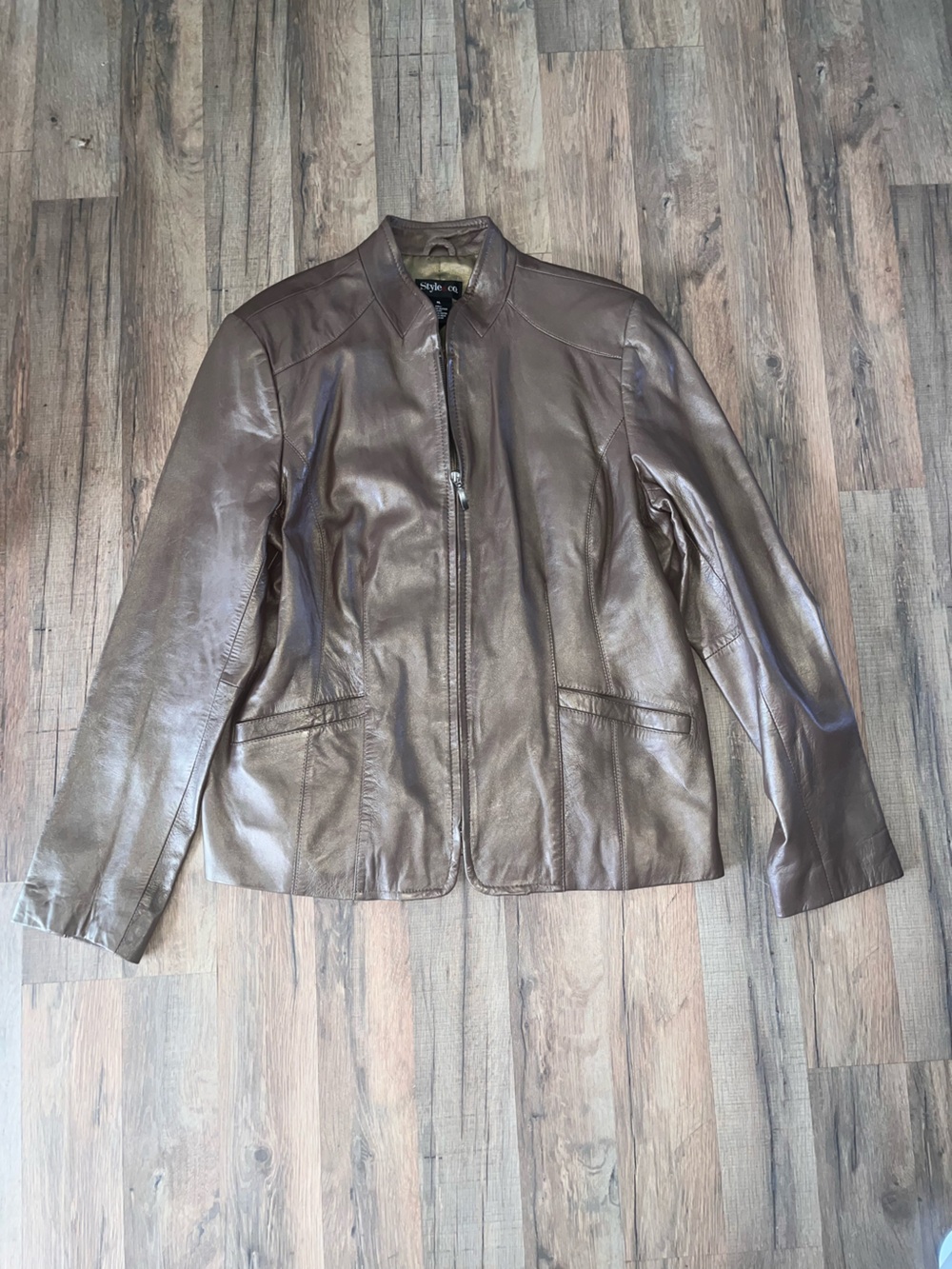 Style & Co. Brown Leather Zip-Front Jacket